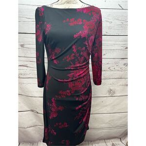 Chaps Womens Sheath Dress Black Pink Floral Ruched Boat Neck Long Sleeve‎ M